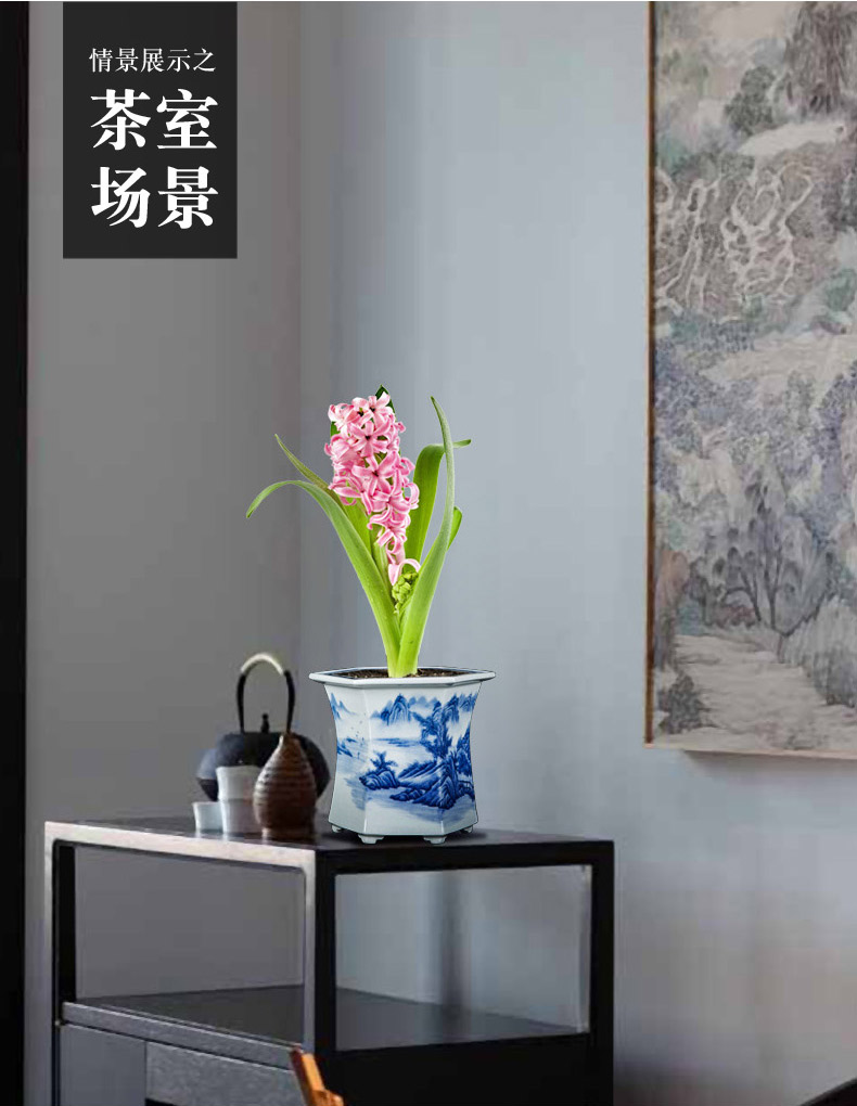 Jingdezhen blue and white porcelain hand - made six - party pot podocarpus potted orchid the plants flower huai household in the basin