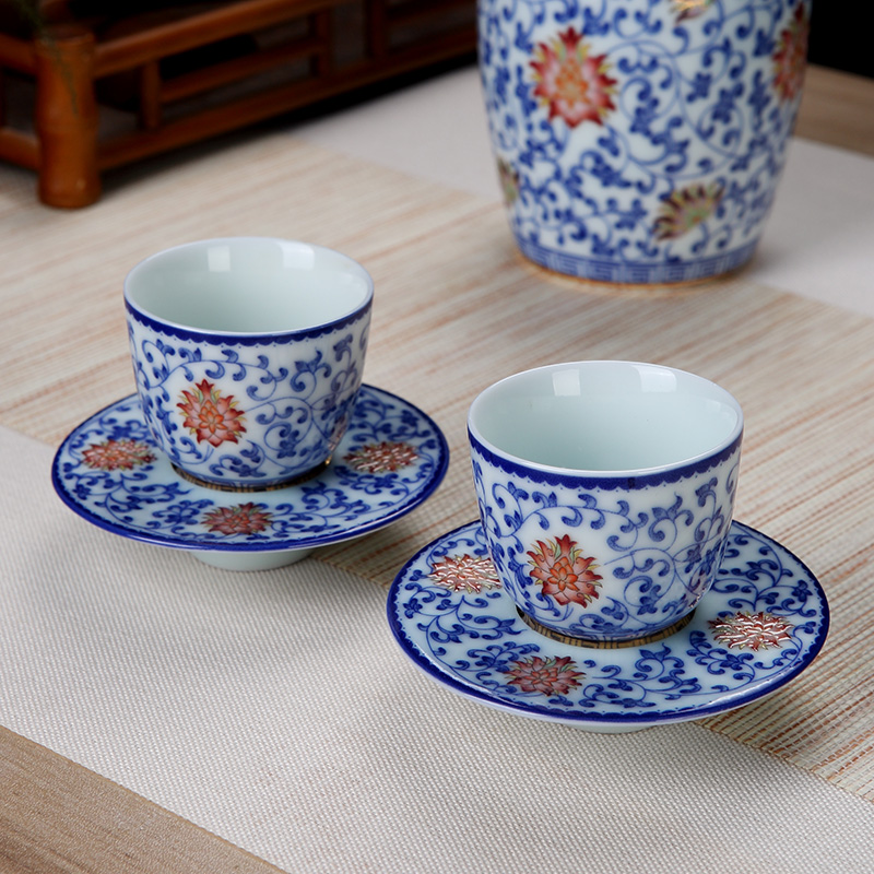 Hand draw the see colour tea set household jingdezhen blue and white tie up branch lotus kung fu tea tea cups an artifact