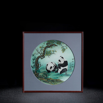 Jingdezhen porcelain plate painting hand-painted panda square solid wood frame hanging painting living room study sofa porch background decoration painting