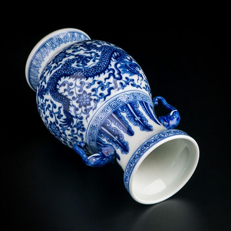 JingDe ceramic vase sitting room place small antique blue and white porcelain of Chinese style household adornment wood dragon vase