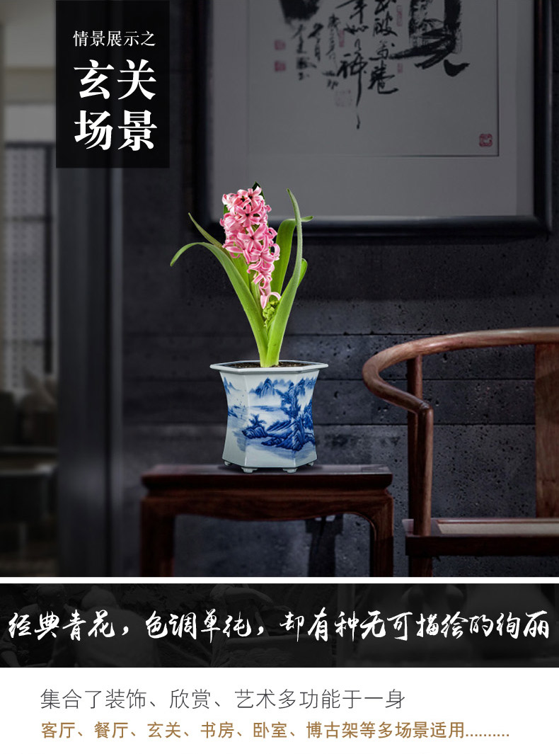 Jingdezhen blue and white porcelain hand - made six - party pot podocarpus potted orchid the plants flower huai household in the basin