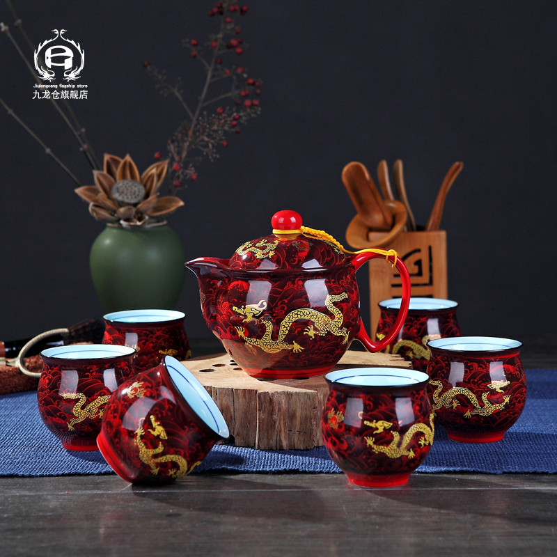 DH ceramic tea set suit household kung fu tea set contracted double - layer cup teapot a complete set of jingdezhen tea service