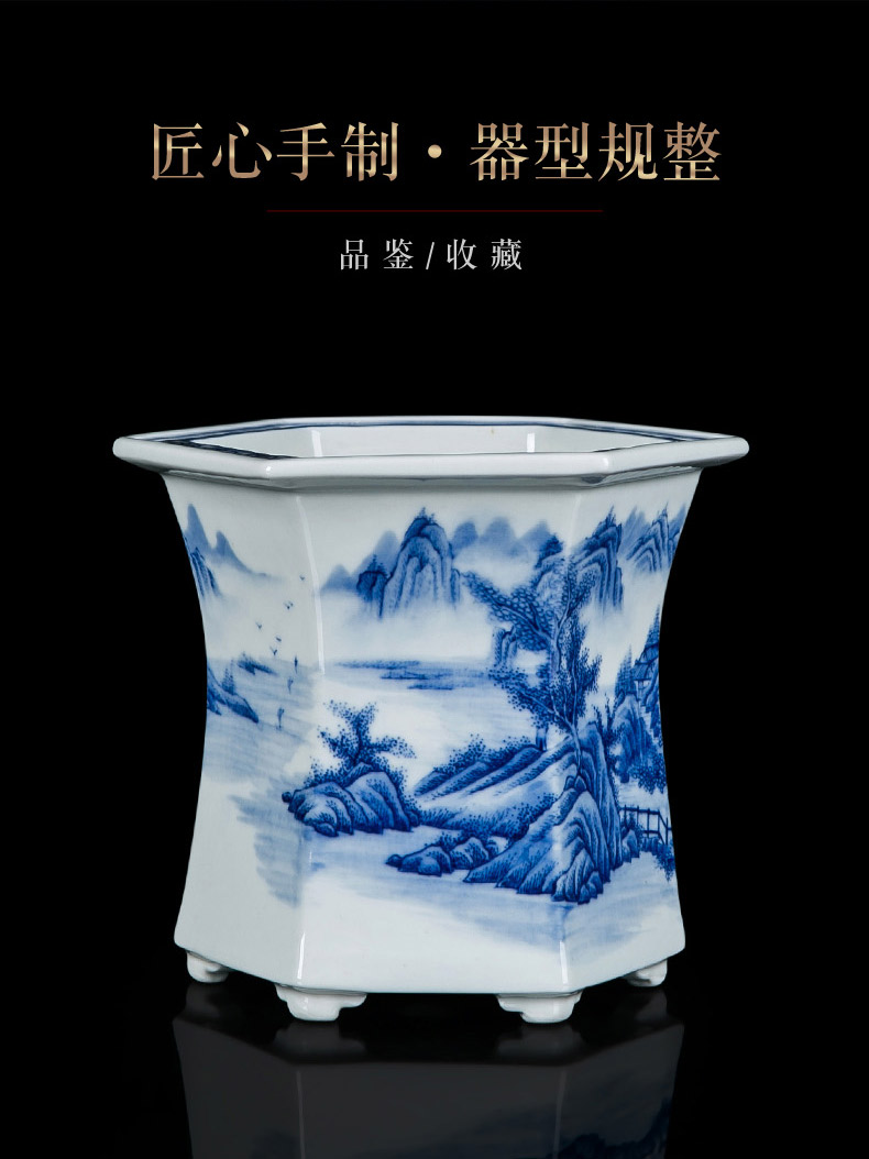 Jingdezhen blue and white porcelain hand - made six - party pot podocarpus potted orchid the plants flower huai household in the basin