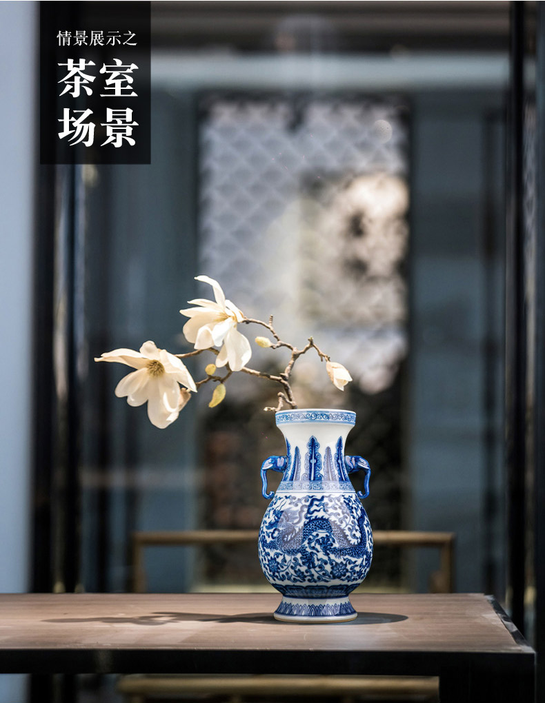 JingDe ceramic vase sitting room place small antique blue and white porcelain of Chinese style household adornment wood dragon vase