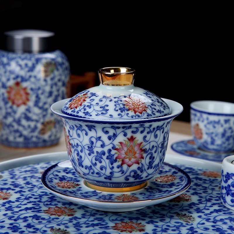 Hand draw the see colour tea set household jingdezhen blue and white tie up branch lotus kung fu tea tea cups an artifact