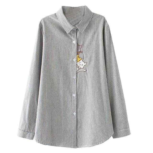 7643 ຂະຫນາດຂະຫນາດໃຫຍ່ຂອງແມ່ຍິງເກົາຫຼີດູໃບໄມ້ລົ່ນແບບໃຫມ່ 200 Jin Loose Slim Striped Shirt Kitten Cotton Linen Long Sleeve Shirt