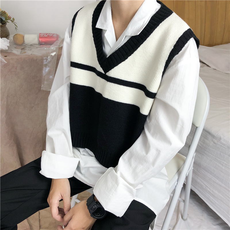 Châu âu và Hoa Kỳ hiển thị mô hình Hàn Quốc bf gió cao đẳng V-Cổ lỏng màu phù hợp với áo thun áo len ngắn vest vest nam giới và phụ nữ áo len mỏng