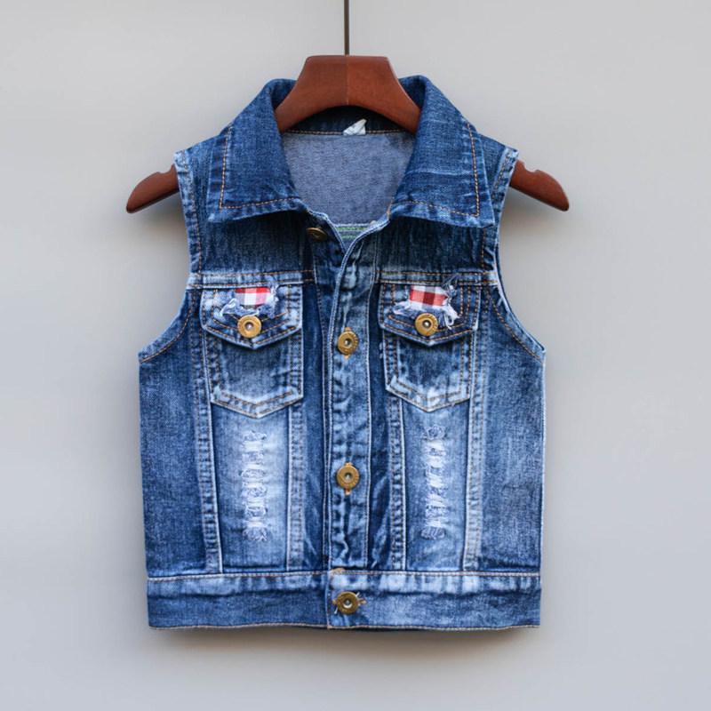 Child Spring Autumn Denim Waistcoat Slim 2022 Chunqiu Boy Vest Kan Shoulder Female Baby Maclip Boy Jacket Tide