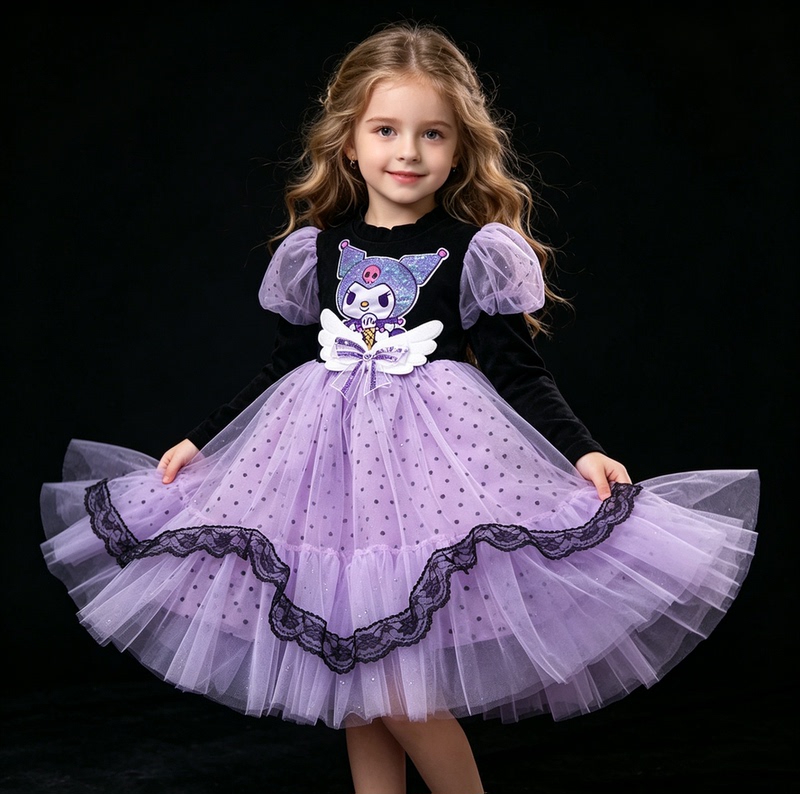 Kuromi Princess Dress Spring and Autumn Girls' Long-Sleeved Dress Children's Black Dress Little Girl's Birthday Dress