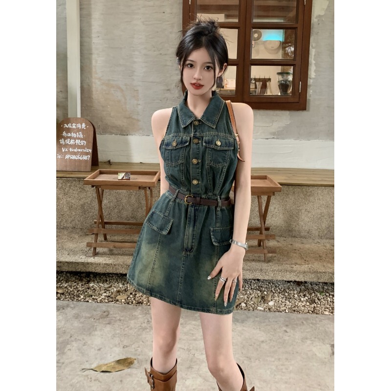 Retro Hong Kong Style Lapel Sleeveless Denim Vest Dress for Women Spring 2026 New Style Waist Slimming Hip-Hugging Short Skirt