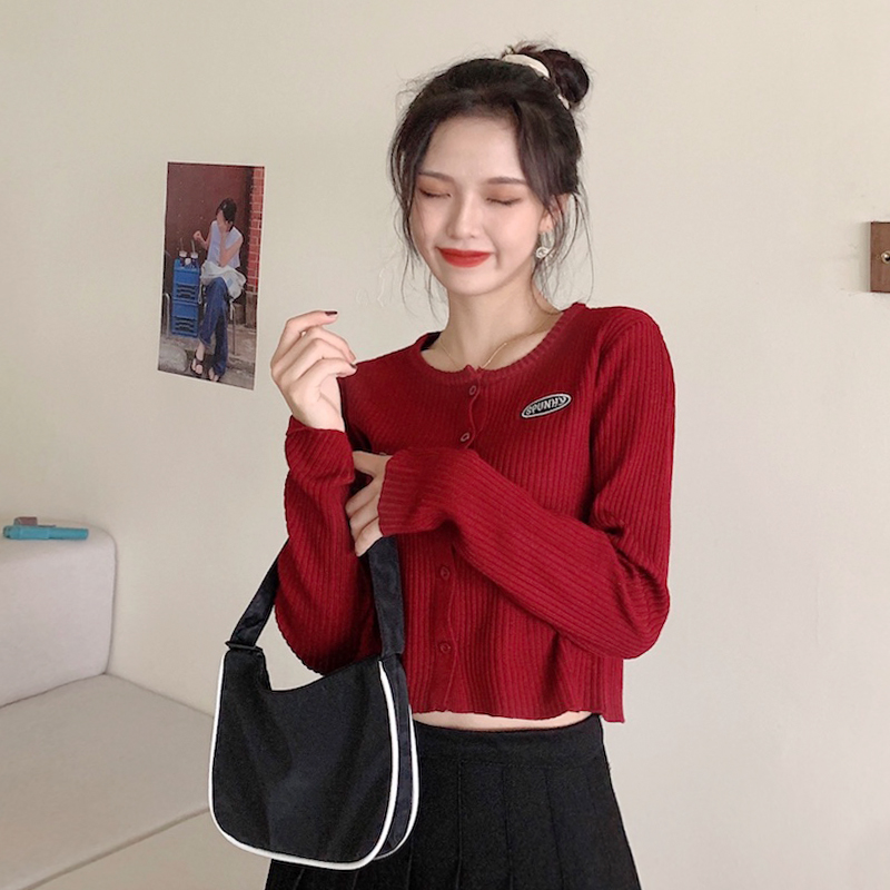 Red knitted cardigan women's short slim bm style long-sleeved top 2022 new spring and autumn Korean version of the Western style jacket