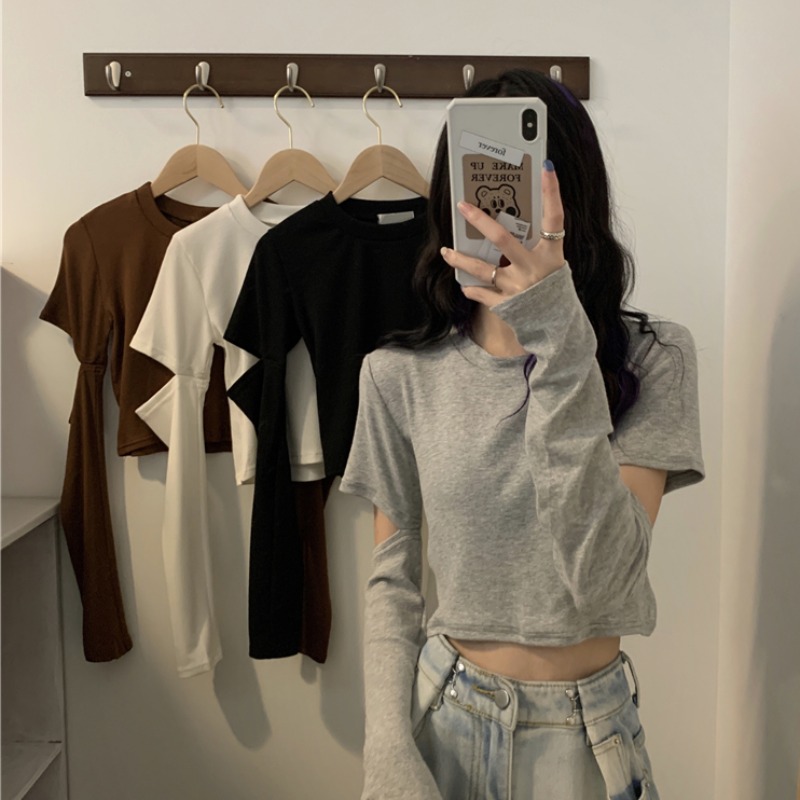 Early Spring Spring Spring Tell Short Clothes Woman in 2022 New Spring and Fall Design Sense Small Gray Long Sleeve T - shirt