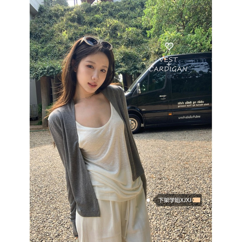 Lazy Style Gray Thin Knitted Cardigan Jacket for Women Spring 2026 New Casual Slim Short Simple Top