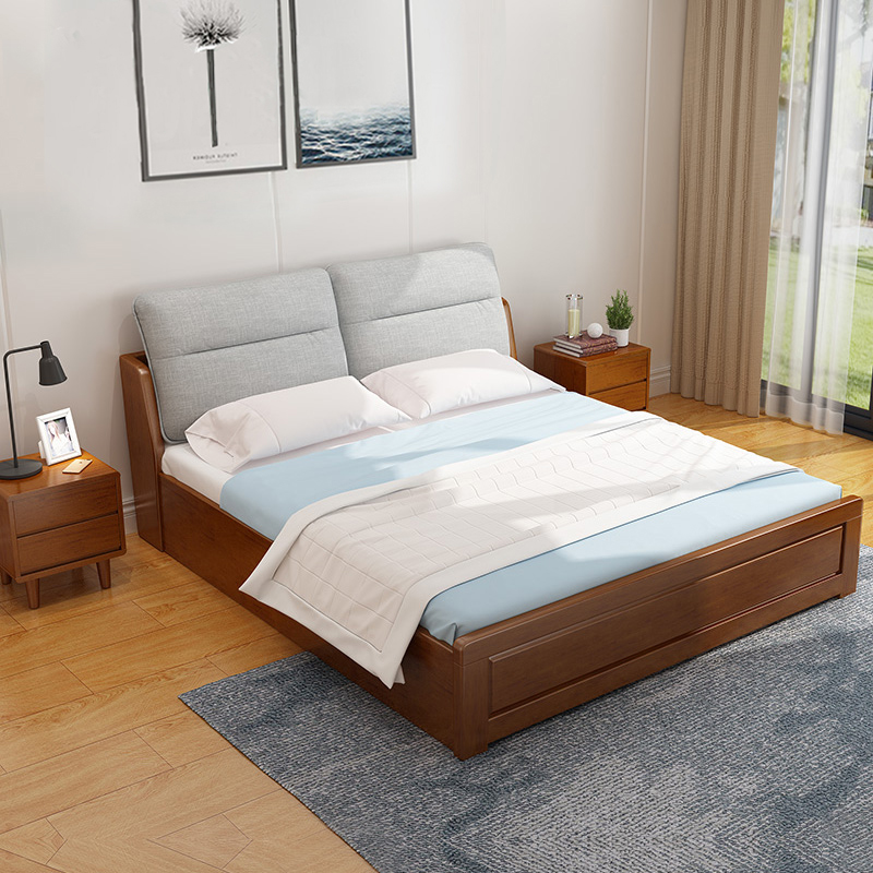 Nordic solid wood bed modern minimalist about 1 8 m double bed 1 5m small family type master bedroom with soft close to containing bed with high box bed