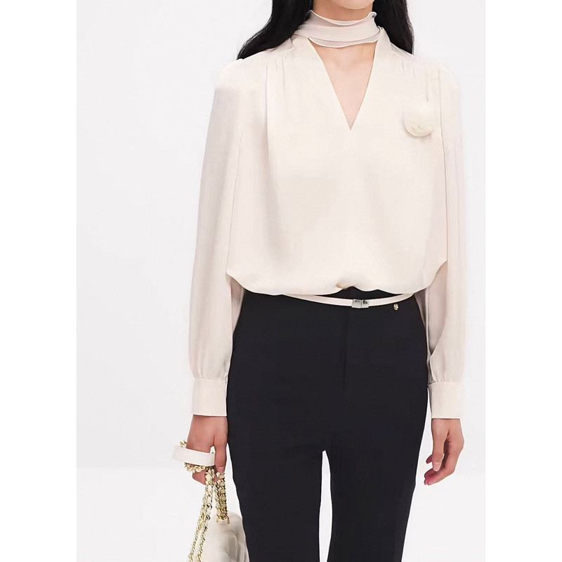 Kejia Satin Ribbon French-Style Three-Dimensional Rose Sweetheart Neckline Ribbon Age-Reducing Chiffon Shirt 2026 Spring New Model