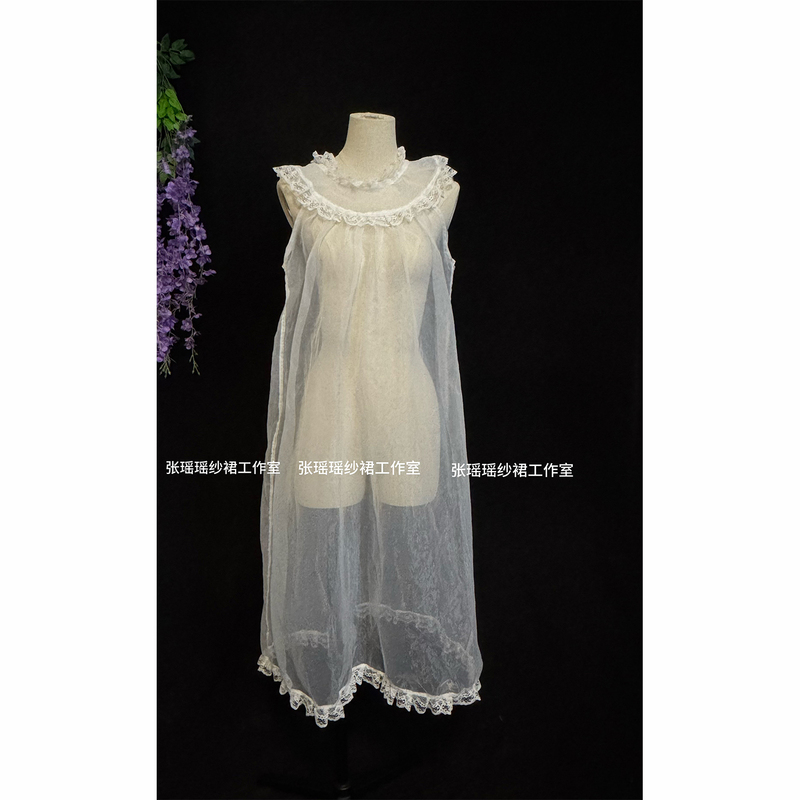 Super Fairy-Like Sheer Atmosphere Misty Girl Lace-Trimmed Organza Tank Top Dress with Veil for Outings and Photoshoots