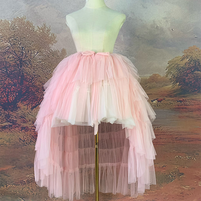 Irregular Short Front and Long Back, Anti-Static Long Gauze Skirt with a Trailing Piece, One-Piece Tie-Up, Pink Music Festival