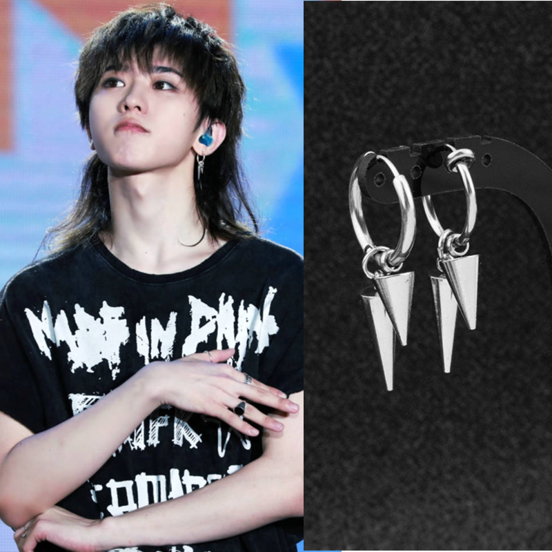 Earrings create 101 new Cai Xu Kun Tongan earring female double tapered titanium steel male tide without ear clip ear clip