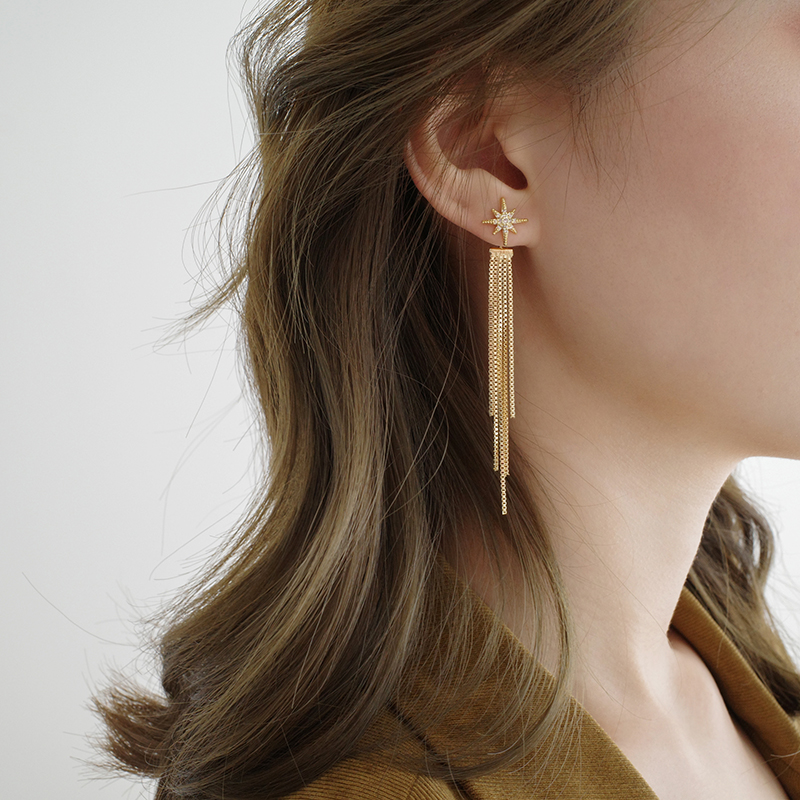 925 silver needle Stars Ear-Pin Flow Suear Bracelet A pair of two wearing earrings female long version Temperament Round Face with a Thin Ear Pendant