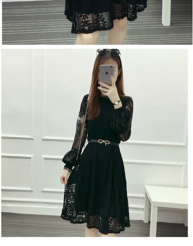 Đầm ren 2018 phụ nữ mới vòng cổ dài tay rỗng đèn lồng tay áo váy Hàn Quốc phiên bản của mùa thu cơ thể một váy