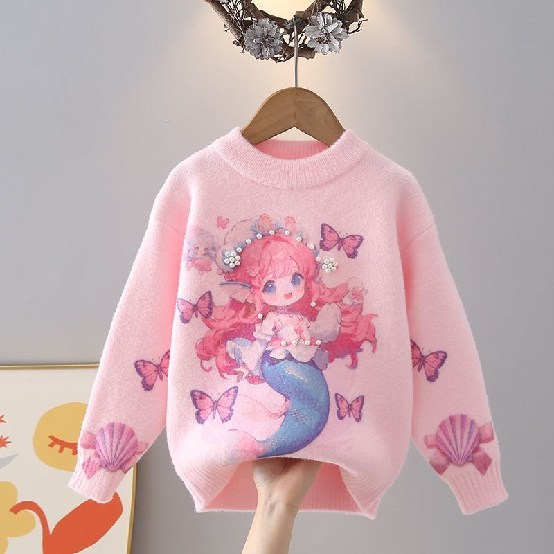 Girls' Sweater Autumn and Winter New Style Children's Sweater Korean Version Fleece-Lined Thickened Cartoon Mermaid Knitted Base Shirt Trendy