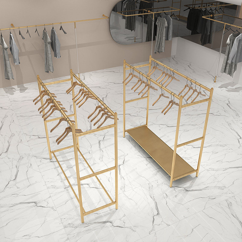 Clothing store Zhongdao double-row display rack golden light luxury hanger floor-to-ceiling shop middle shelf double-pole shelf