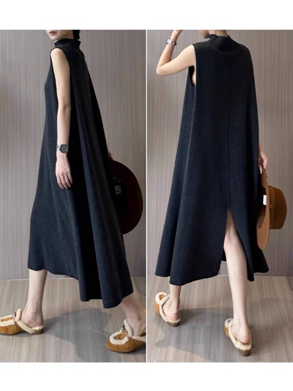 Designer Style! Cashmere Mid-Length Sweater with a Half-High Collar, Knitted Sleeveless Dress
