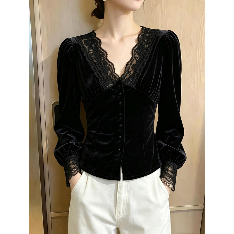 French-Style Retro Black Lace Patchwork Velvet Shirt for Women, 2026 Autumn New Slim-Fit Blouse, Elegant Top