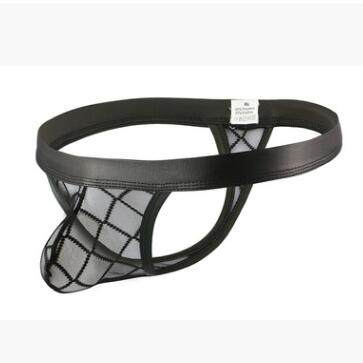 Imitation leather T pants Tetris mesh yarn Sexy transparent breathable men's tinted pants