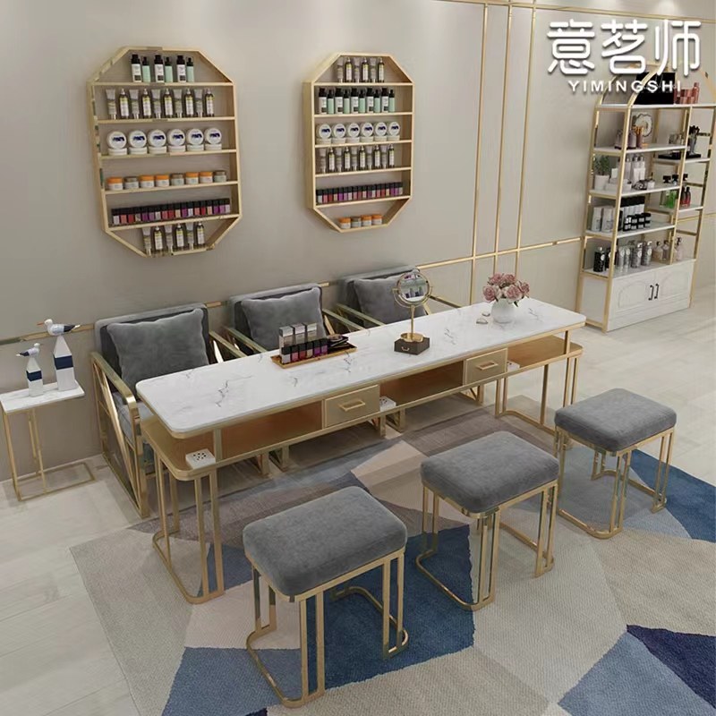 Yi Ming master light luxury nail art table and chair set single double triple manicure table full glass net red marble manicure table