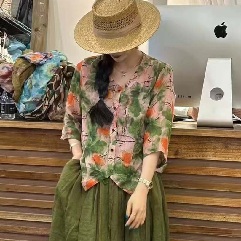 轻奢高级感森染印花苎麻女衬衫上衣夏薄款减龄洋气时尚亚麻宽松潮