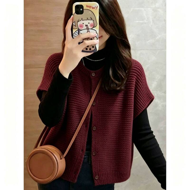 Korean-Style Gentle Style Short-Sleeved Knitted Vest for Women, Spring and Autumn, Loose Fit, Slimming, Single-Breasted, Short Outerwear Vest Top