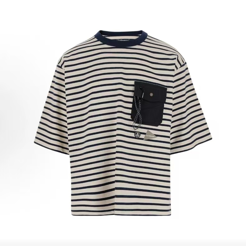 And Wander Japanese-Style Mountaineering Striped Zip Pocket Letter Print Unisex Casual Short-Sleeve Loose T-Shirt Trendy