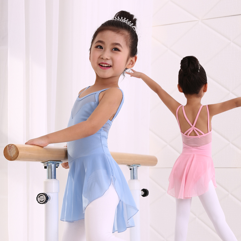 Children's dance training clothes girls summer cotton gym clothes children's sky blue sling dress pink ballet clothes