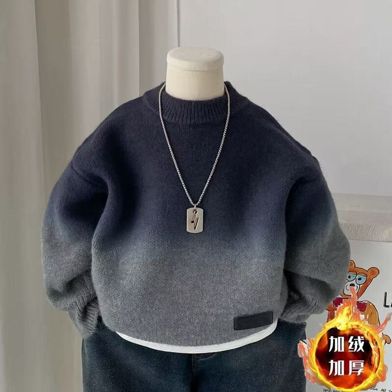 Boys' Pullover Sweater with Fleece Lining, Thickened for Autumn and Winter, 2026 Style, Stylish Gradient Warm Knitted Base Shirt for Baby Boys