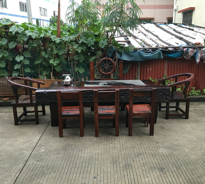 Old boat wooden keel tea table and chair combination retro Chinese solid wood furniture living room balcony large plate keel tea table tea table