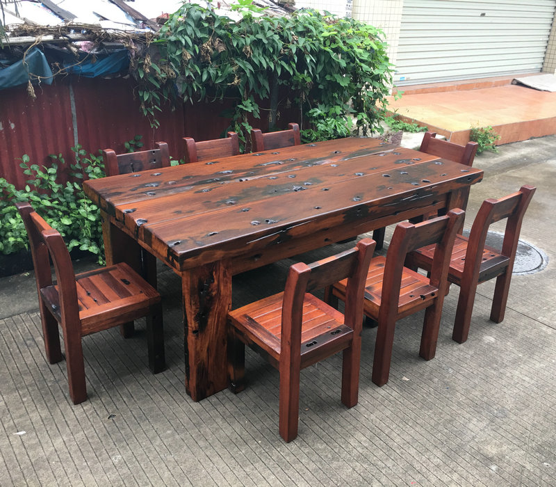 Old boat wood rectangular dining table and chairs combined solid wood Chinese style retro furniture dining room tea table table 4 6 8 10 people