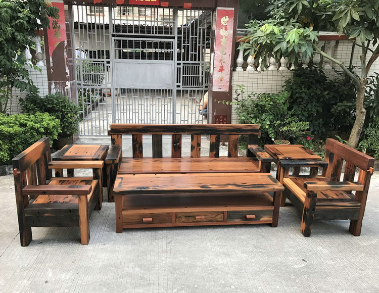 Old boat wood solid wood sofa tea table combination lobby high-grade club villa living room office tea room leisure sofa