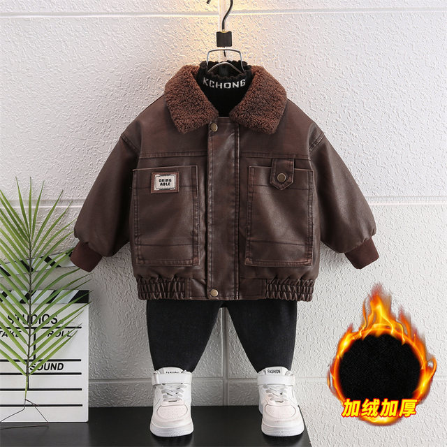 Boys' Fleece-Lined Leather Jacket Winter Cotton Coat 2024 New Stylish Korean Version Fashionable Baby Children's Thickened Jacket
