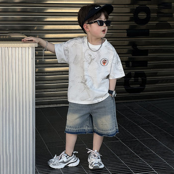 Nezha Clothing Boys' Summer Outfit Children's Short-Sleeved Summer Thin Two-Piece Set Toddler Baby Handsome Denim Shorts