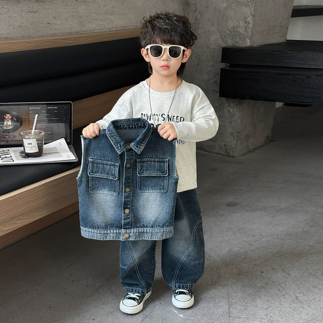 Boys' Denim Suit Spring Outfit Stylish 2026 New Model Little Boy Spring Clothes Children's Shirt Vest Three-Piece Set