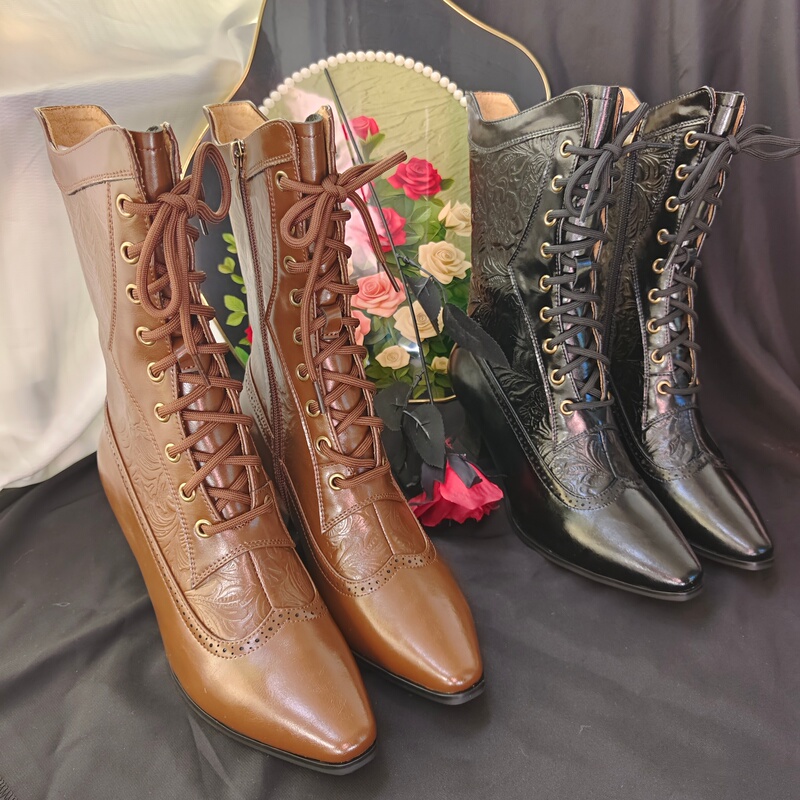 Genuine Leather (Sheepskin) Irregular Heel Carved Lace-Up Mid-Heel Mid-Calf Boots, Vintage, Stylish, and Elegant Genuine Leather (Sheepskin) Irregular Heel Carved Lace-Up Mid-Heel Mid-Calf Boots, Vintage, Stylish, and Elegant