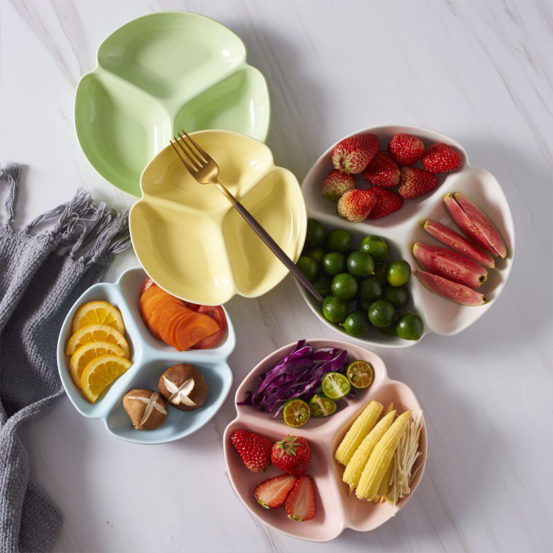 Japanese-style creative ceramic three-grid plate household fruit salad plate breakfast plate children's divided fat-reducing meal plate snack plate