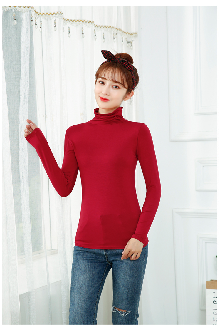 Mùa thu áo sơ mi mỏng modal nữ dài tay cổ cao mảnh mai cỡ lớn áo sơ mi cổ tròn mỏng hoang dã áo thun nữ