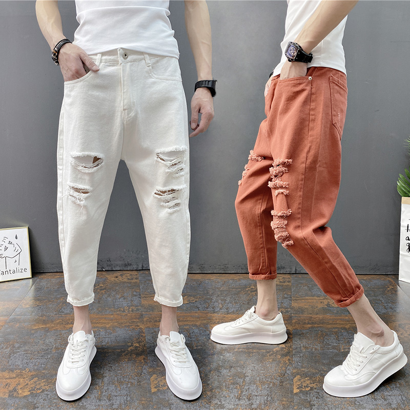 Male Pants Summer New Men Great Breaking Hole Denim Smoke Tubes Pants Korean Version Trend 70% Thunderfoot Harun Pants