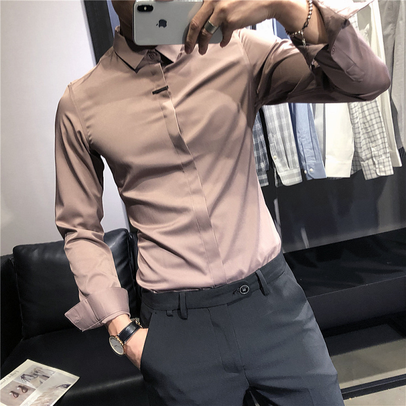 Hong Kong tide brand spring and autumn new British style men's solid color dark placket long-sleeved shirt slim-fitting fashion iron-free shirt