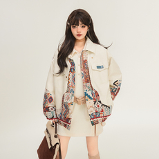 Кожаная куртка keiko 异域风白色皮衣外套女2026春季复古提花拼接机车pu皮夹克