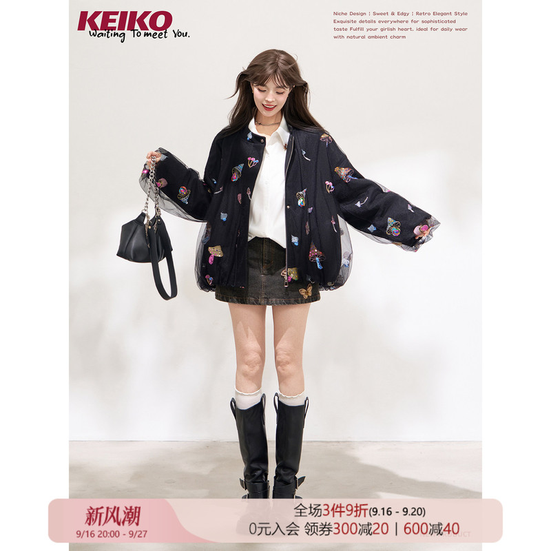 Keiko Gorgeous Sequin Embroidered Patchwork Bubble Jacket Autumn Design Black Coat Baseball Jacket Keiko Gorgeous Sequin Embroidered Patchwork Bubble Jacket Autumn Design Black Coat Baseball Jacket