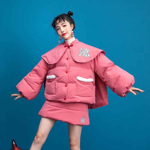 Оригинальный короткий пуховик, комплект, зимний плащ, мини-юбка, 2019