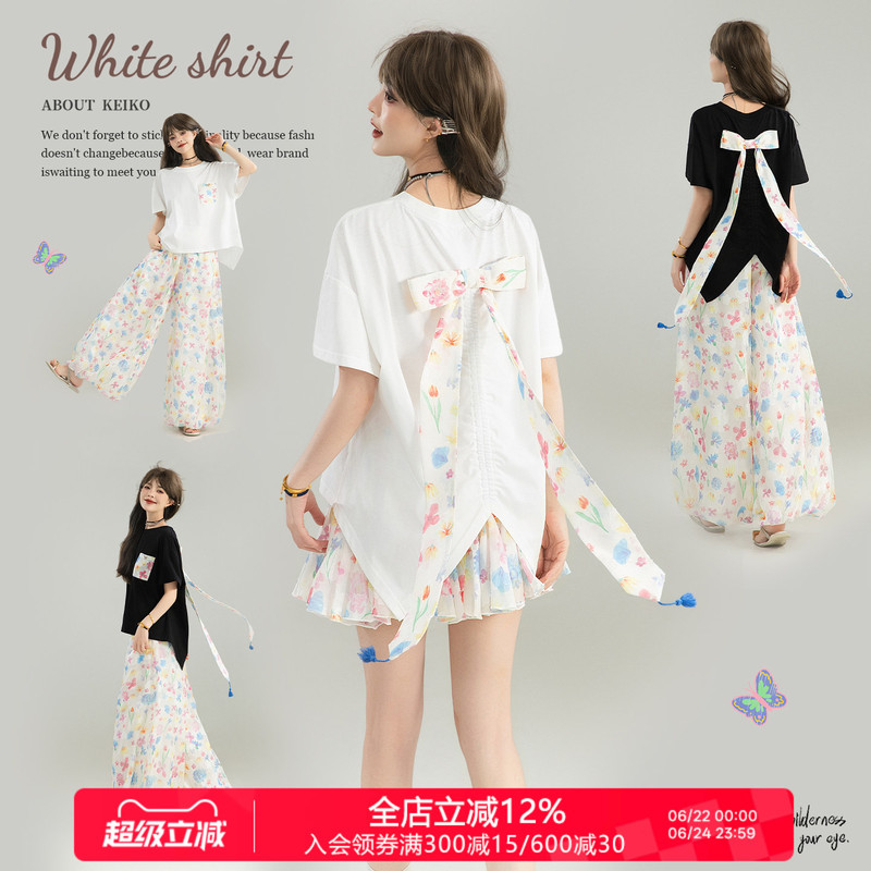 Keiko Bow Ribbon Short-Sleeved T-Shirt for Women 26 Summer Beautiful Floral Splicing Short in Front and Long in Back Loose Top